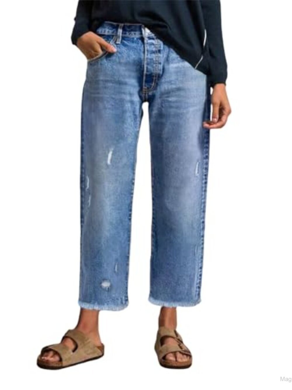 Stretchy Distressed Denim Ankle Jeans for Women, Ripped Raw Hem Mid-Rise